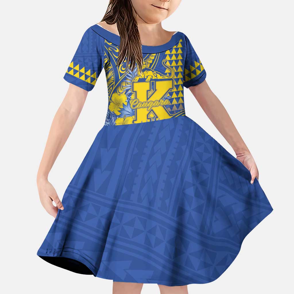 Personalised Hawaii Kaiser High School Family Matching Puletasi and Hawaiian Shirt Tribal Tattoo With Hibiscus Flowers LT05 Daughter's Dress Blue - Polynesian Pride