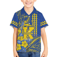 Personalised Hawaii Kaiser High School Family Matching Puletasi and Hawaiian Shirt Tribal Tattoo With Hibiscus Flowers LT05 Son's Shirt Blue - Polynesian Pride