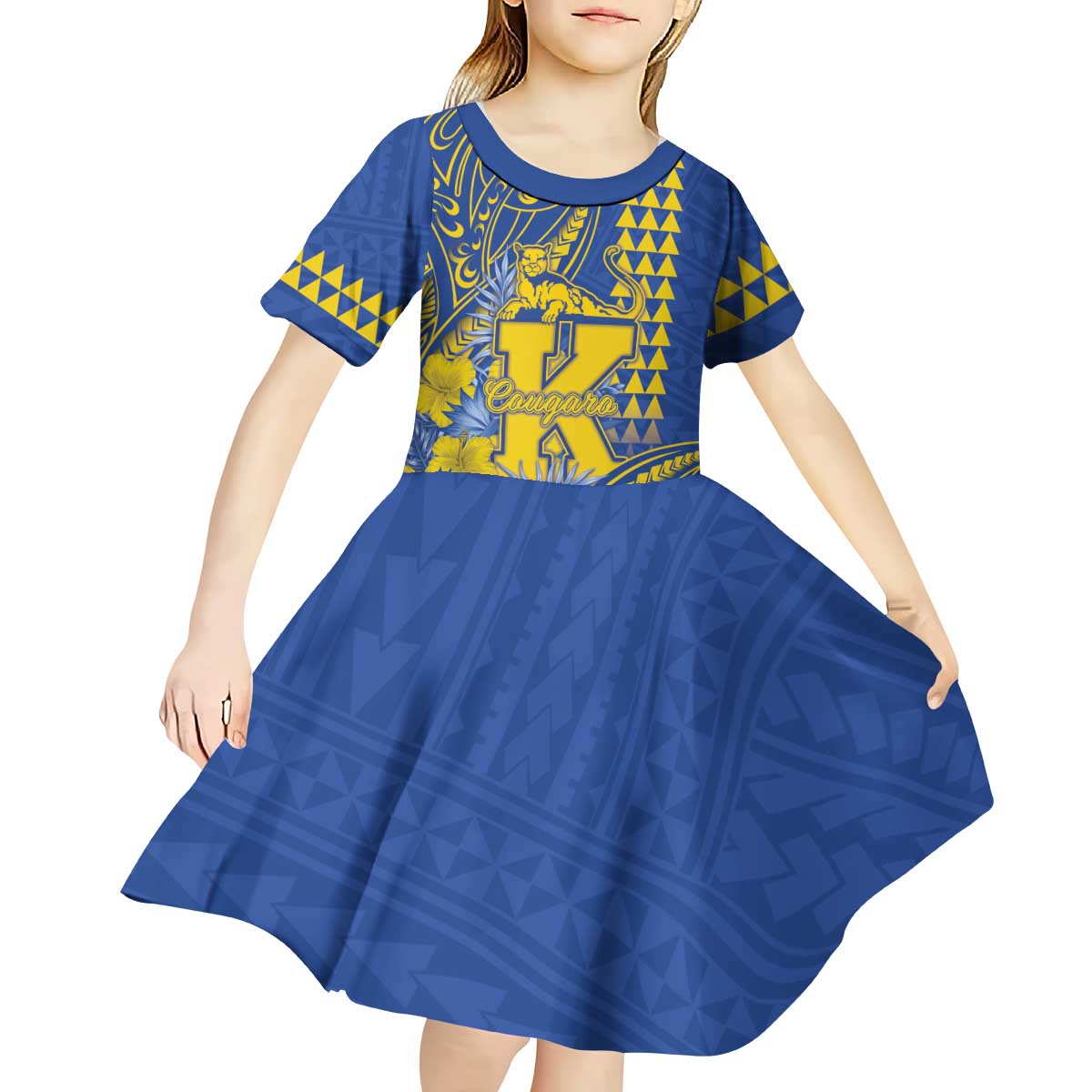 Personalised Hawaii Kaiser High School Kid Short Sleeve Dress Tribal Tattoo With Hibiscus Flowers