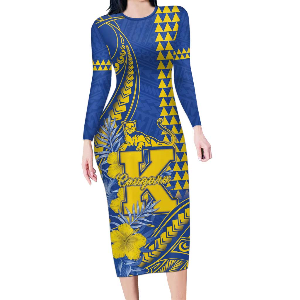 Personalised Hawaii Kaiser High School Long Sleeve Bodycon Dress Tribal Tattoo With Hibiscus Flowers LT05 Long Dress Blue - Polynesian Pride
