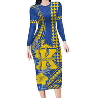 Personalised Hawaii Kaiser High School Long Sleeve Bodycon Dress Tribal Tattoo With Hibiscus Flowers LT05 Long Dress Blue - Polynesian Pride