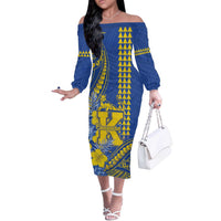 Personalised Hawaii Kaiser High School Off The Shoulder Long Sleeve Dress Tribal Tattoo With Hibiscus Flowers LT05 Women Blue - Polynesian Pride