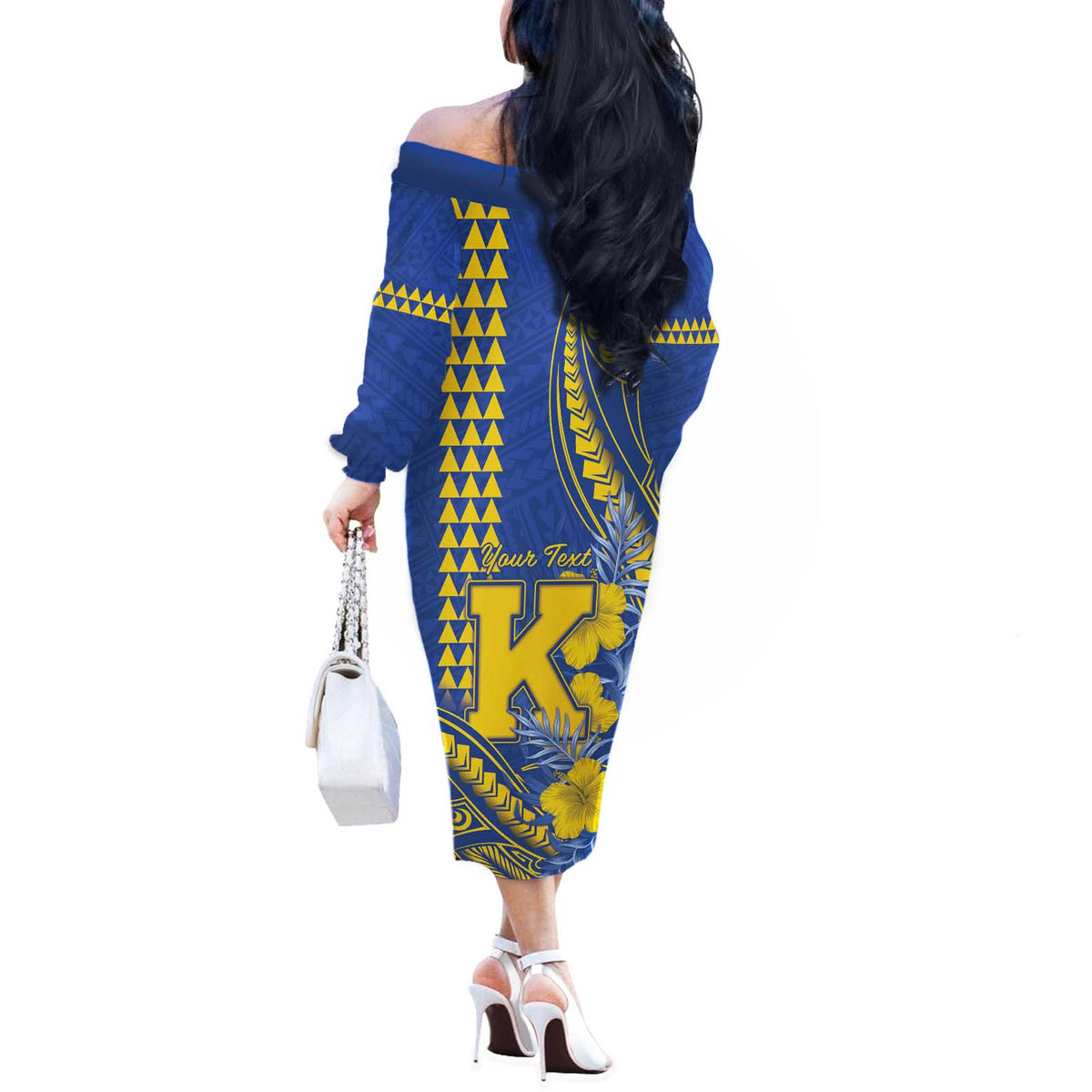 Personalised Hawaii Kaiser High School Off The Shoulder Long Sleeve Dress Tribal Tattoo With Hibiscus Flowers LT05 - Polynesian Pride
