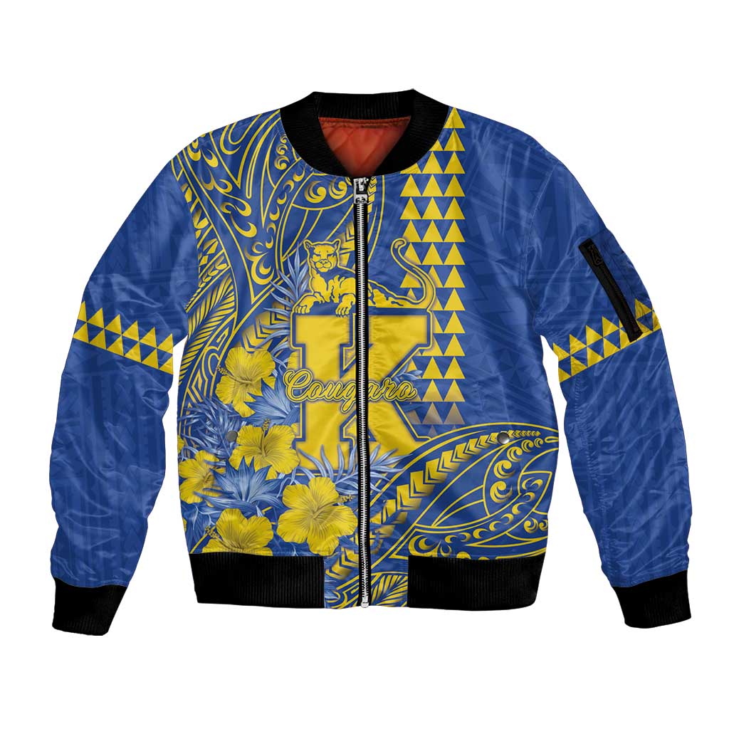 Personalised Hawaii Kaiser High School Sleeve Zip Bomber Jacket Tribal Tattoo With Hibiscus Flowers LT05 Unisex Blue - Polynesian Pride