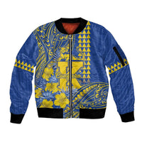 Personalised Hawaii Kaiser High School Sleeve Zip Bomber Jacket Tribal Tattoo With Hibiscus Flowers LT05 Unisex Blue - Polynesian Pride
