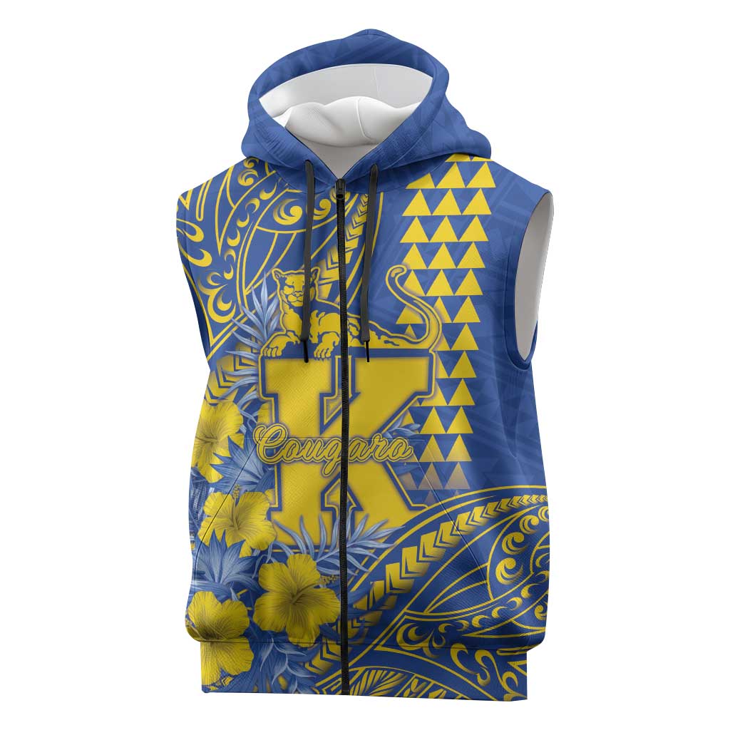 Personalised Hawaii Kaiser High School Sleeveless Zip Hoodie Tribal Tattoo With Hibiscus Flowers LT05 Blue - Polynesian Pride