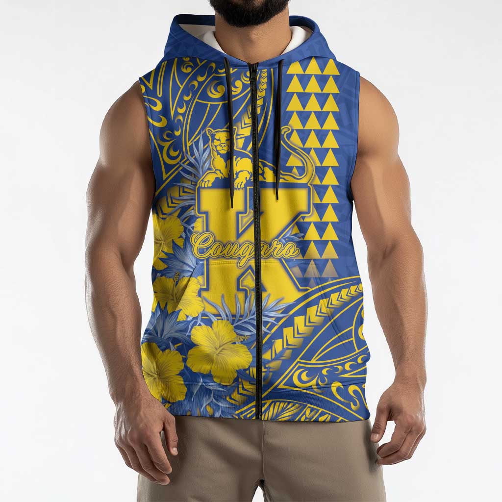 Personalised Hawaii Kaiser High School Sleeveless Zip Hoodie Tribal Tattoo With Hibiscus Flowers LT05 - Polynesian Pride