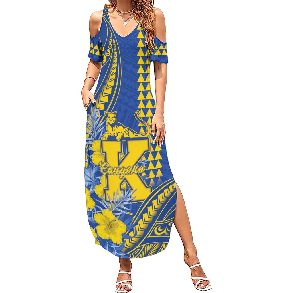 Personalised Hawaii Kaiser High School Summer Maxi Dress Tribal Tattoo With Hibiscus Flowers LT05 Women Blue - Polynesian Pride