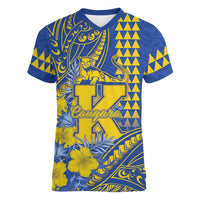 Personalised Hawaii Kaiser High School Women V-Neck T-Shirt Tribal Tattoo With Hibiscus Flowers LT05 Female Blue - Polynesian Pride