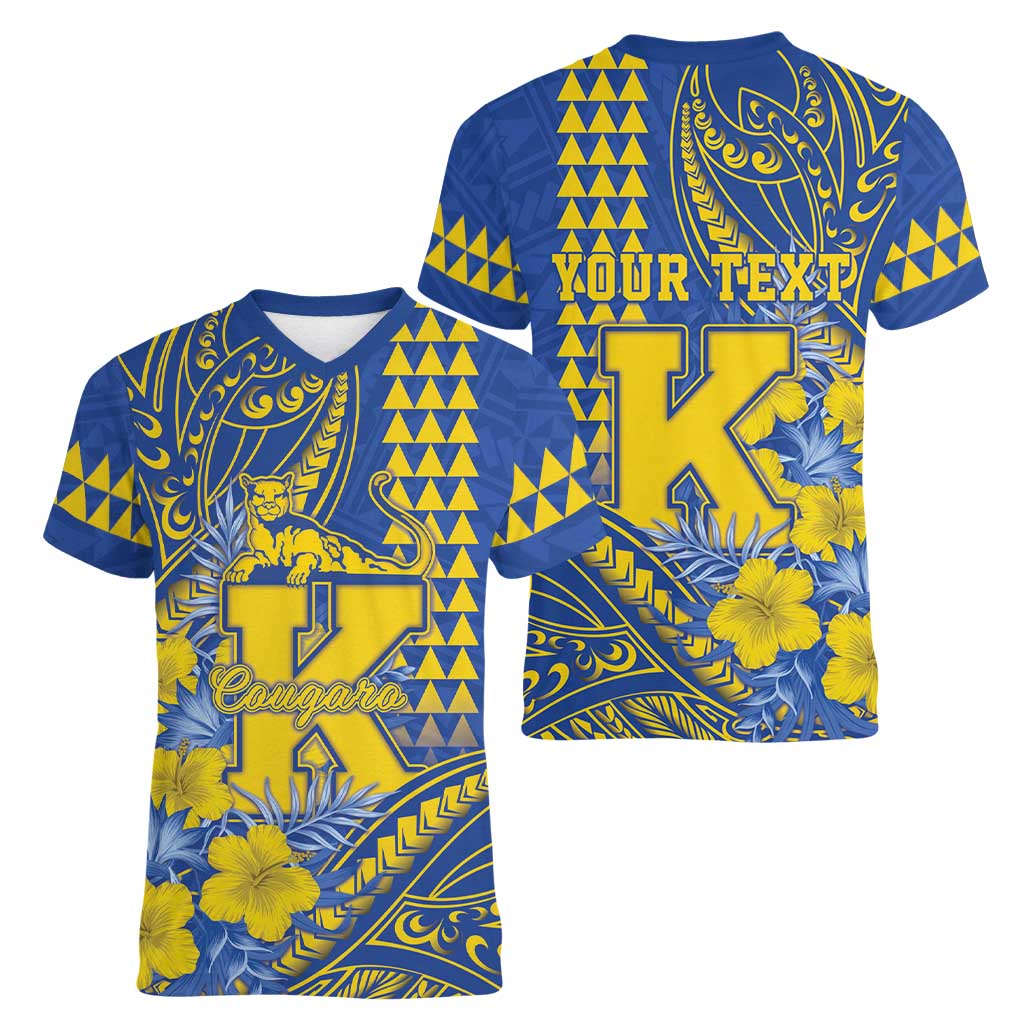 Personalised Hawaii Kaiser High School Women V-Neck T-Shirt Tribal Tattoo With Hibiscus Flowers LT05 - Polynesian Pride