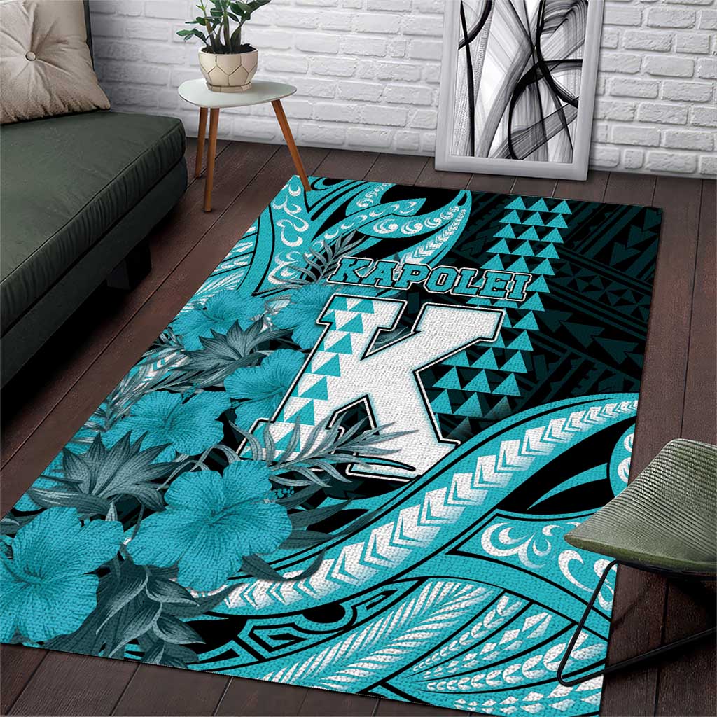 Hawaii Kapolei High School Area Rug Tribal Tattoo With Hibiscus Flowers LT05 Dark Teal - Polynesian Pride