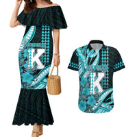 Personalised Hawaii Kapolei High School Couples Matching Mermaid Dress and Hawaiian Shirt Tribal Tattoo With Hibiscus Flowers LT05 Dark Teal - Polynesian Pride