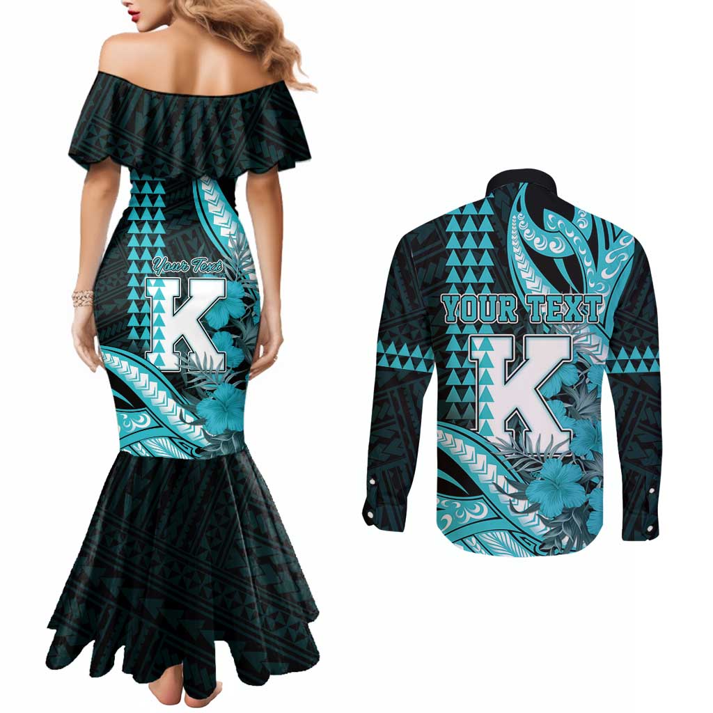 Personalised Hawaii Kapolei High School Couples Matching Mermaid Dress and Long Sleeve Button Shirt Tribal Tattoo With Hibiscus Flowers