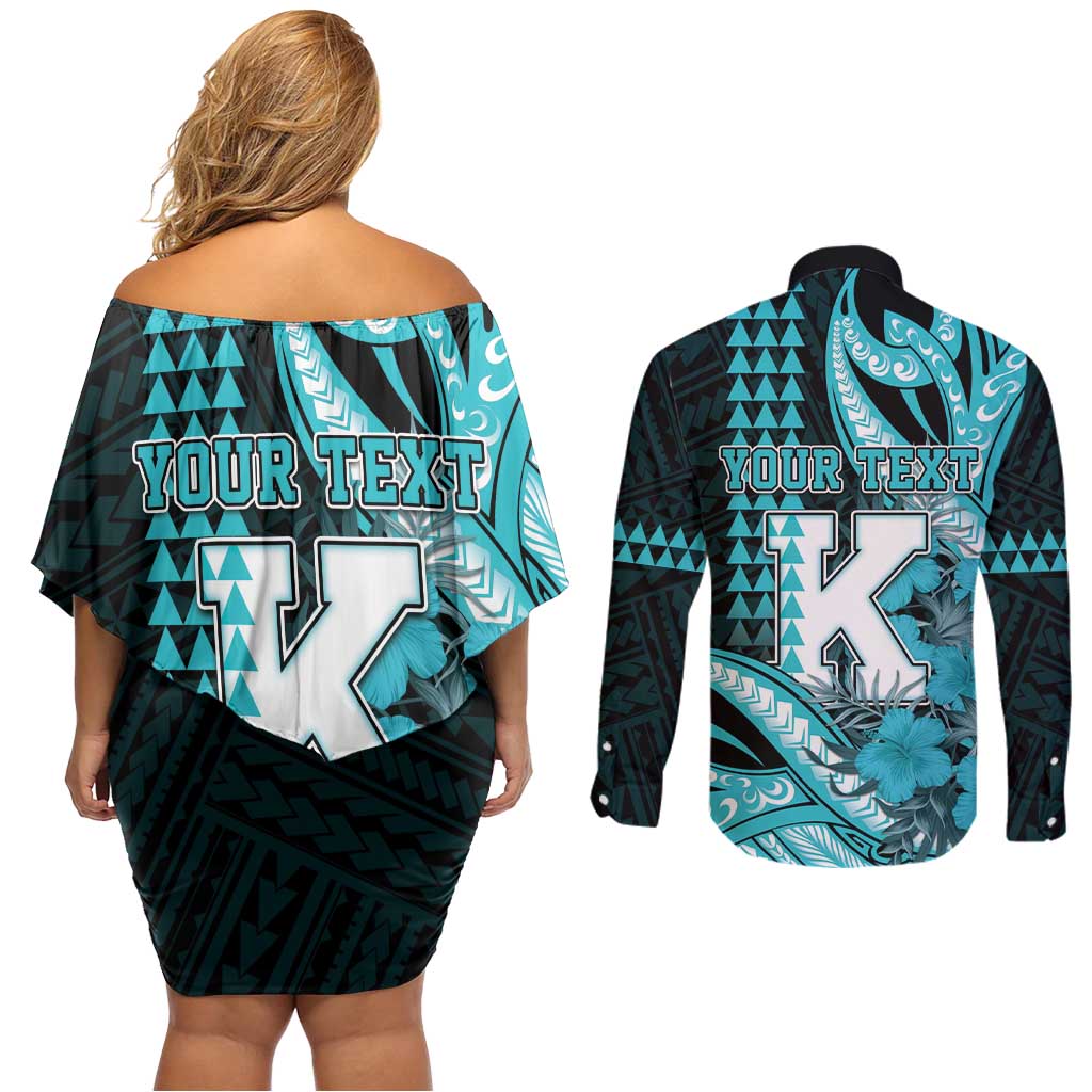 Personalised Hawaii Kapolei High School Couples Matching Off Shoulder Short Dress and Long Sleeve Button Shirt Tribal Tattoo With Hibiscus Flowers