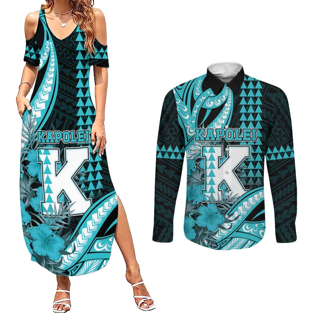 Personalised Hawaii Kapolei High School Couples Matching Summer Maxi Dress and Long Sleeve Button Shirt Tribal Tattoo With Hibiscus Flowers LT05 Dark Teal - Polynesian Pride