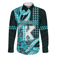 Personalised Hawaii Kapolei High School Family Matching Off Shoulder Maxi Dress and Hawaiian Shirt Tribal Tattoo With Hibiscus Flowers LT05 Dad's Shirt - Long Sleeve Dark Teal - Polynesian Pride