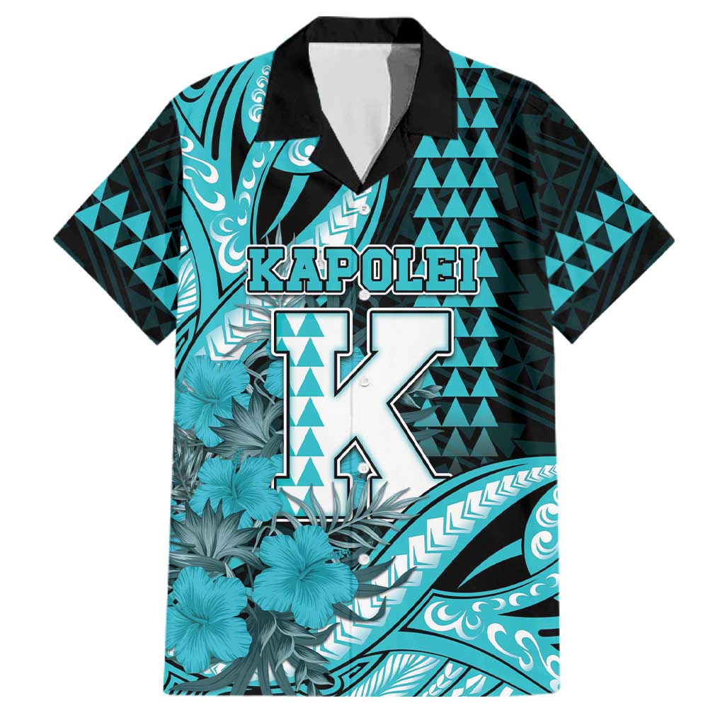 Personalised Hawaii Kapolei High School Family Matching Puletasi and Hawaiian Shirt Tribal Tattoo With Hibiscus Flowers LT05 Dad's Shirt - Short Sleeve Dark Teal - Polynesian Pride
