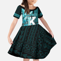 Personalised Hawaii Kapolei High School Family Matching Short Sleeve Bodycon Dress and Hawaiian Shirt Tribal Tattoo With Hibiscus Flowers LT05 Daughter's Dress Dark Teal - Polynesian Pride