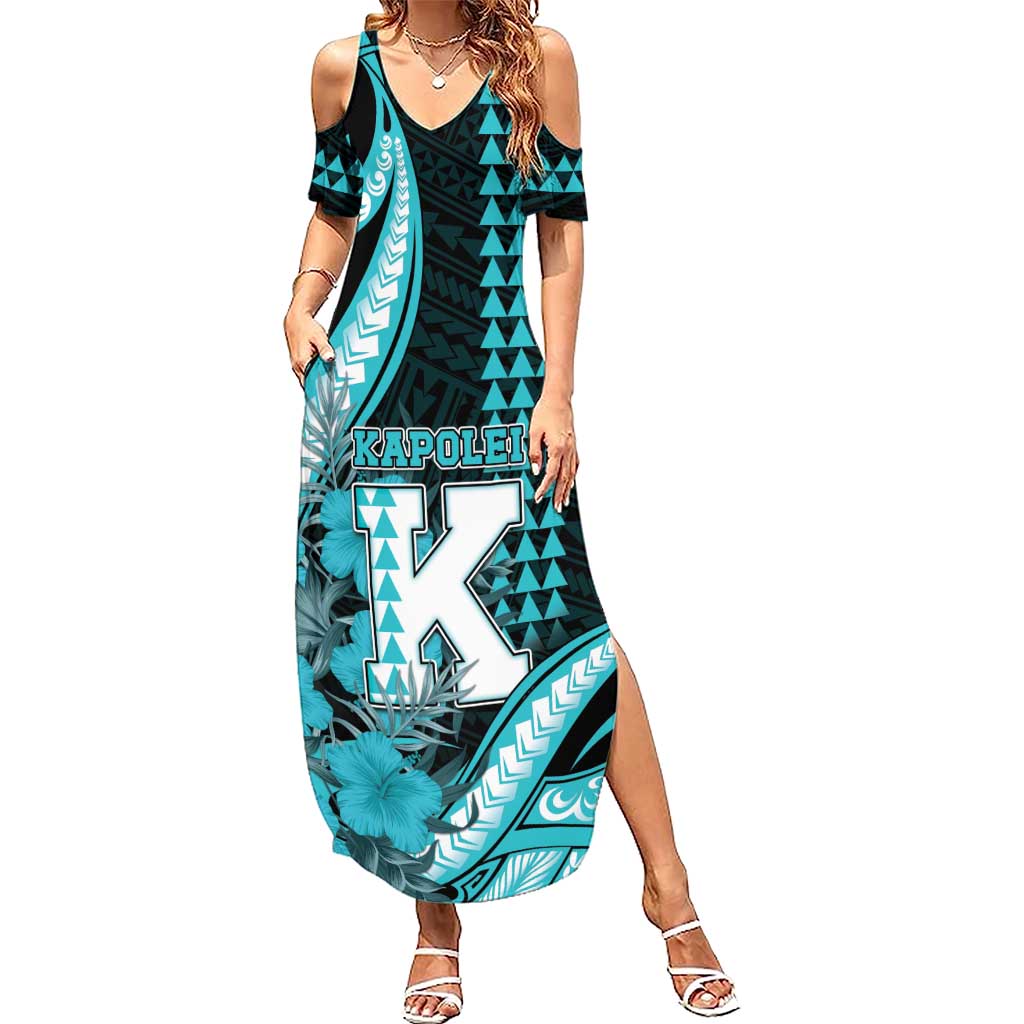 Personalised Hawaii Kapolei High School Family Matching Summer Maxi Dress and Hawaiian Shirt Tribal Tattoo With Hibiscus Flowers LT05 Mom's Dress Dark Teal - Polynesian Pride