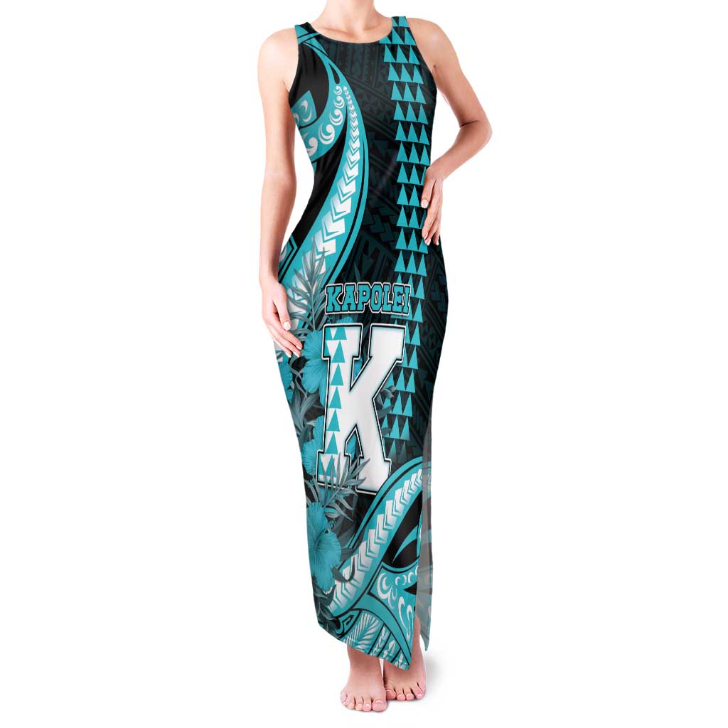 Personalised Hawaii Kapolei High School Family Matching Tank Maxi Dress and Hawaiian Shirt Tribal Tattoo With Hibiscus Flowers LT05 Mom's Dress Dark Teal - Polynesian Pride