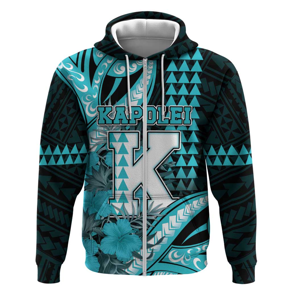 Personalised Hawaii Kapolei High School Hoodie Tribal Tattoo With Hibiscus Flowers LT05 Zip Hoodie Dark Teal - Polynesian Pride