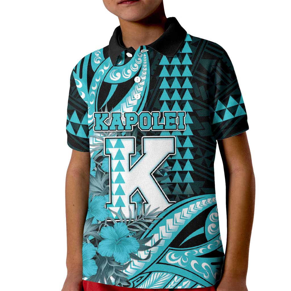 Personalised Hawaii Kapolei High School Kid Polo Shirt Tribal Tattoo With Hibiscus Flowers LT05 Kid Dark Teal - Polynesian Pride