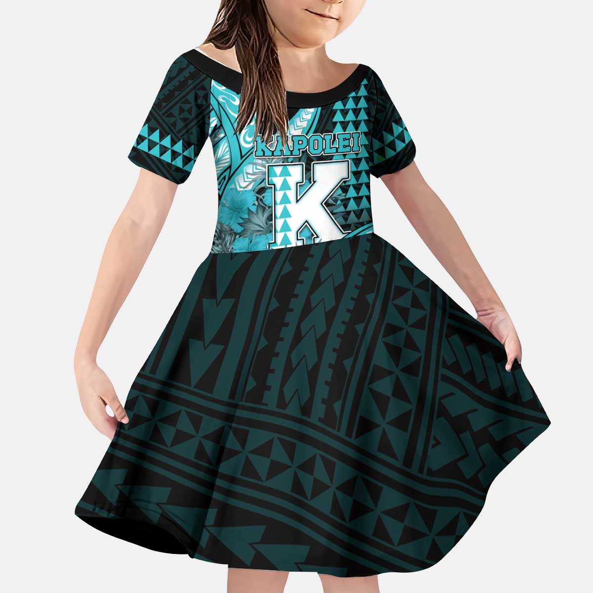 Personalised Hawaii Kapolei High School Kid Short Sleeve Dress Tribal Tattoo With Hibiscus Flowers LT05 KID Dark Teal - Polynesian Pride