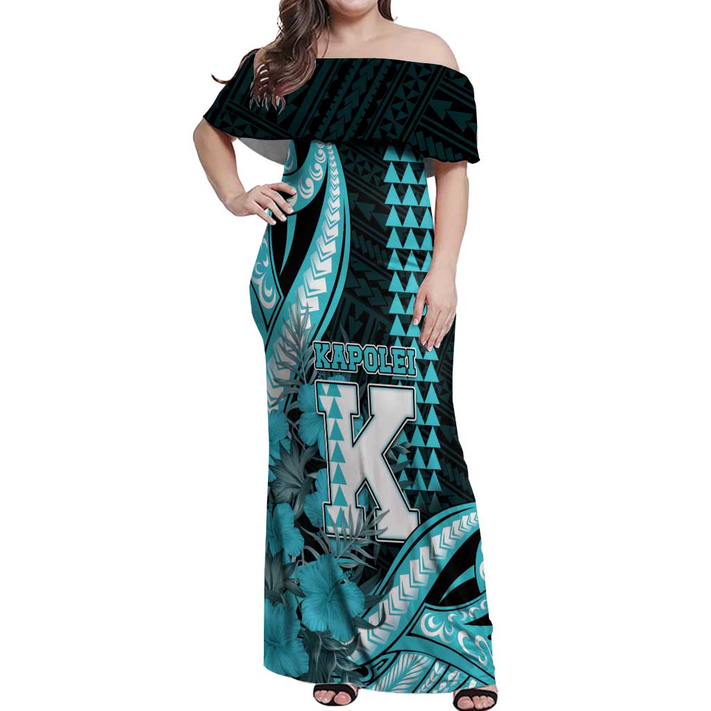 Personalised Hawaii Kapolei High School Off Shoulder Maxi Dress Tribal Tattoo With Hibiscus Flowers LT05 Women Dark Teal - Polynesian Pride
