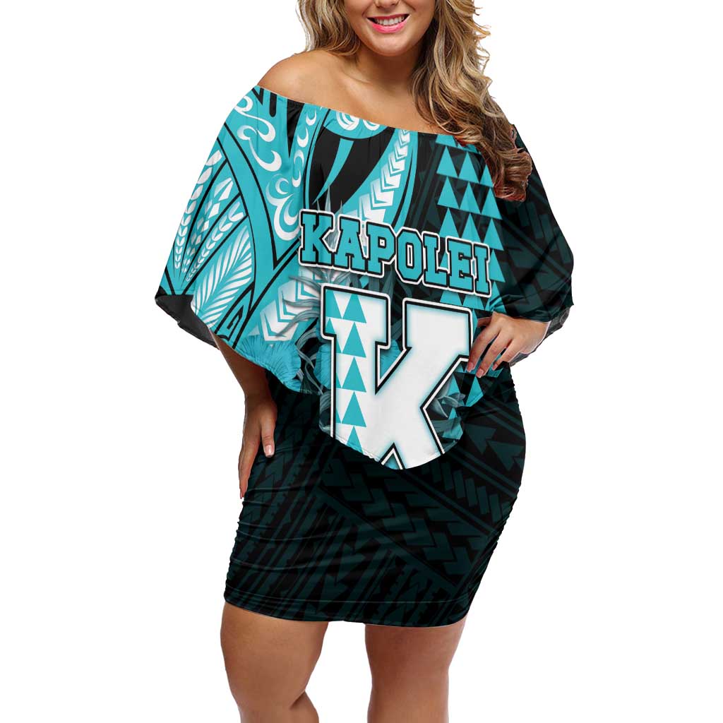 Personalised Hawaii Kapolei High School Off Shoulder Short Dress Tribal Tattoo With Hibiscus Flowers LT05 Women Dark Teal - Polynesian Pride