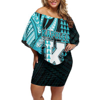 Personalised Hawaii Kapolei High School Off Shoulder Short Dress Tribal Tattoo With Hibiscus Flowers LT05 Women Dark Teal - Polynesian Pride