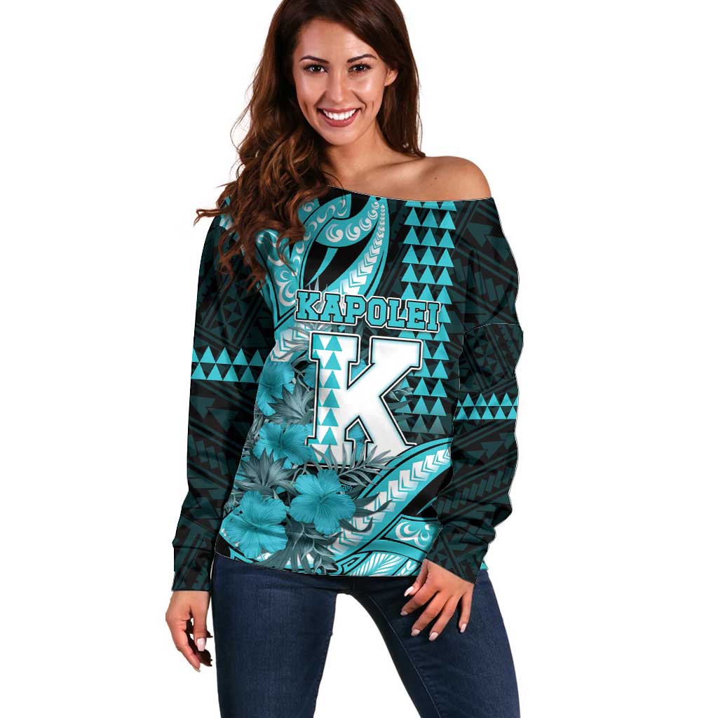 Personalised Hawaii Kapolei High School Off Shoulder Sweater Tribal Tattoo With Hibiscus Flowers