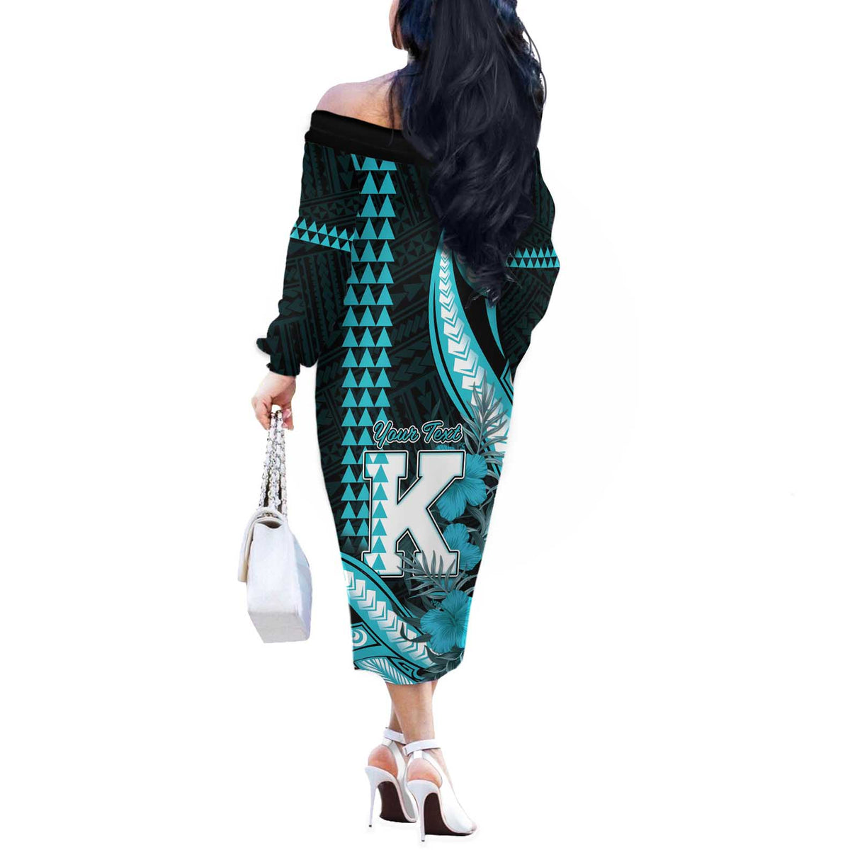 Personalised Hawaii Kapolei High School Off The Shoulder Long Sleeve Dress Tribal Tattoo With Hibiscus Flowers LT05 - Polynesian Pride