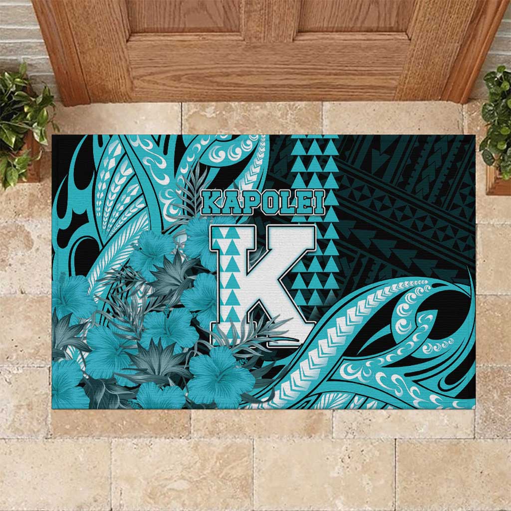 Hawaii Kapolei High School Rubber Doormat Tribal Tattoo With Hibiscus Flowers LT05 Dark Teal - Polynesian Pride