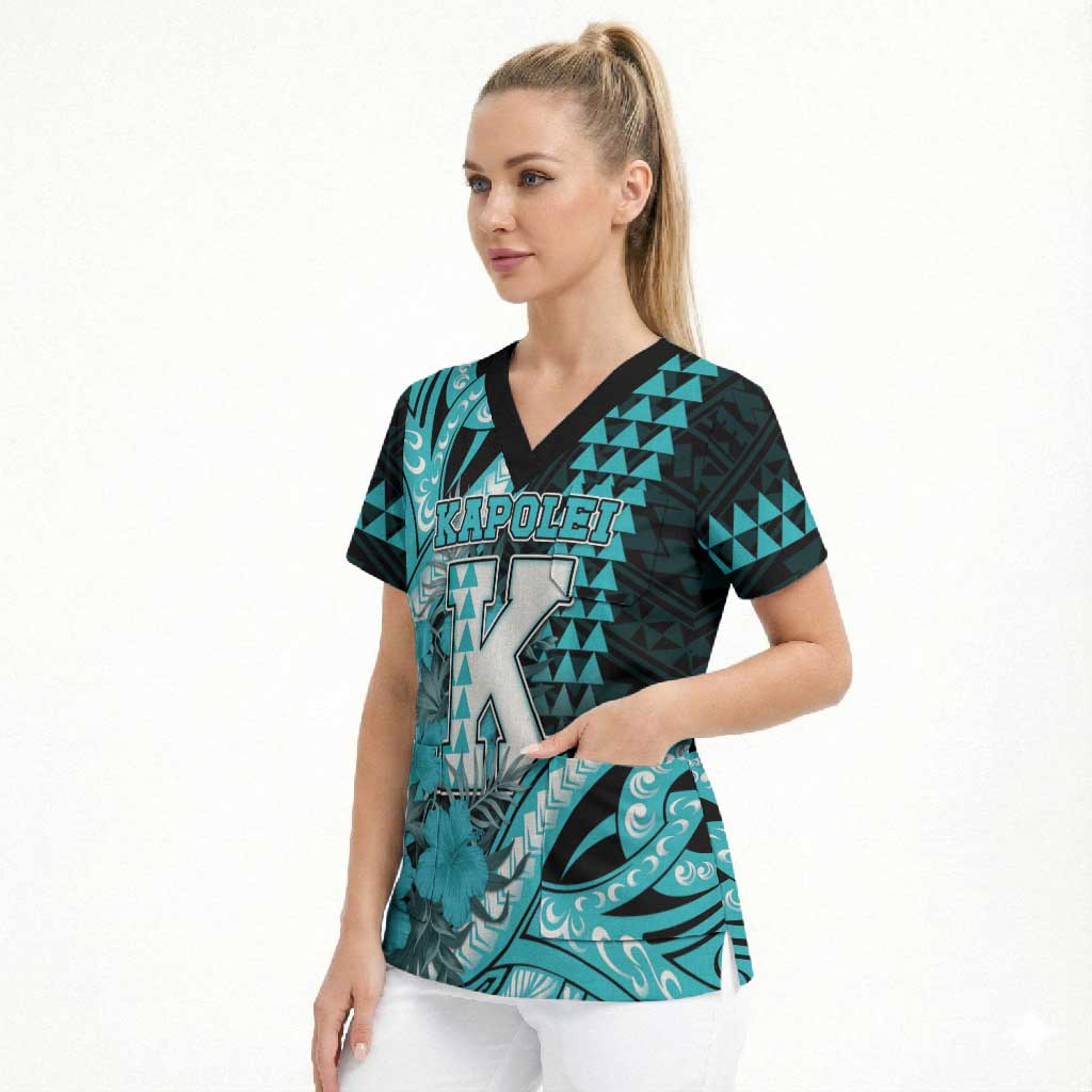 Personalised Hawaii Kapolei High School Scrub Top Tribal Tattoo With Hibiscus Flowers