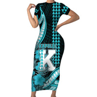 Personalised Hawaii Kapolei High School Short Sleeve Bodycon Dress Tribal Tattoo With Hibiscus Flowers LT05 Long Dress Dark Teal - Polynesian Pride