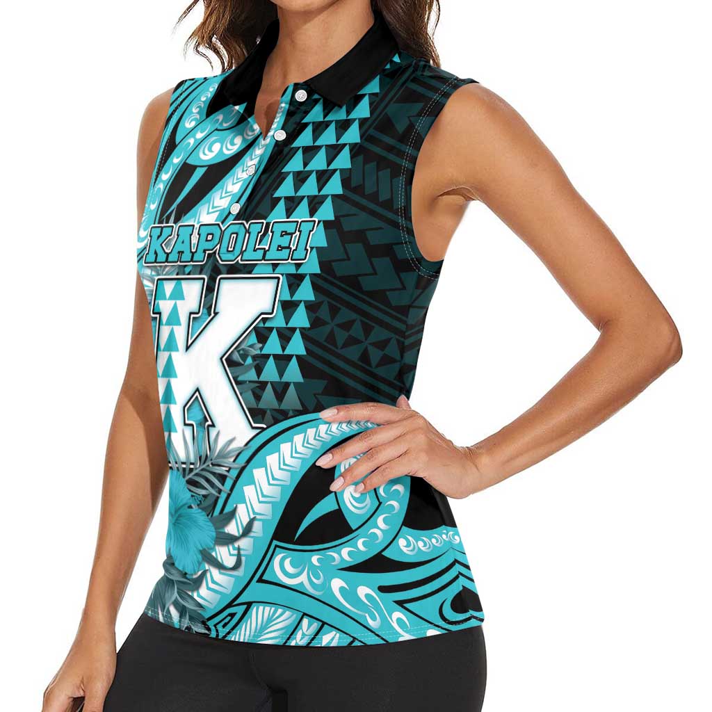 Personalised Hawaii Kapolei High School Women Sleeveless Polo Shirt Tribal Tattoo With Hibiscus Flowers