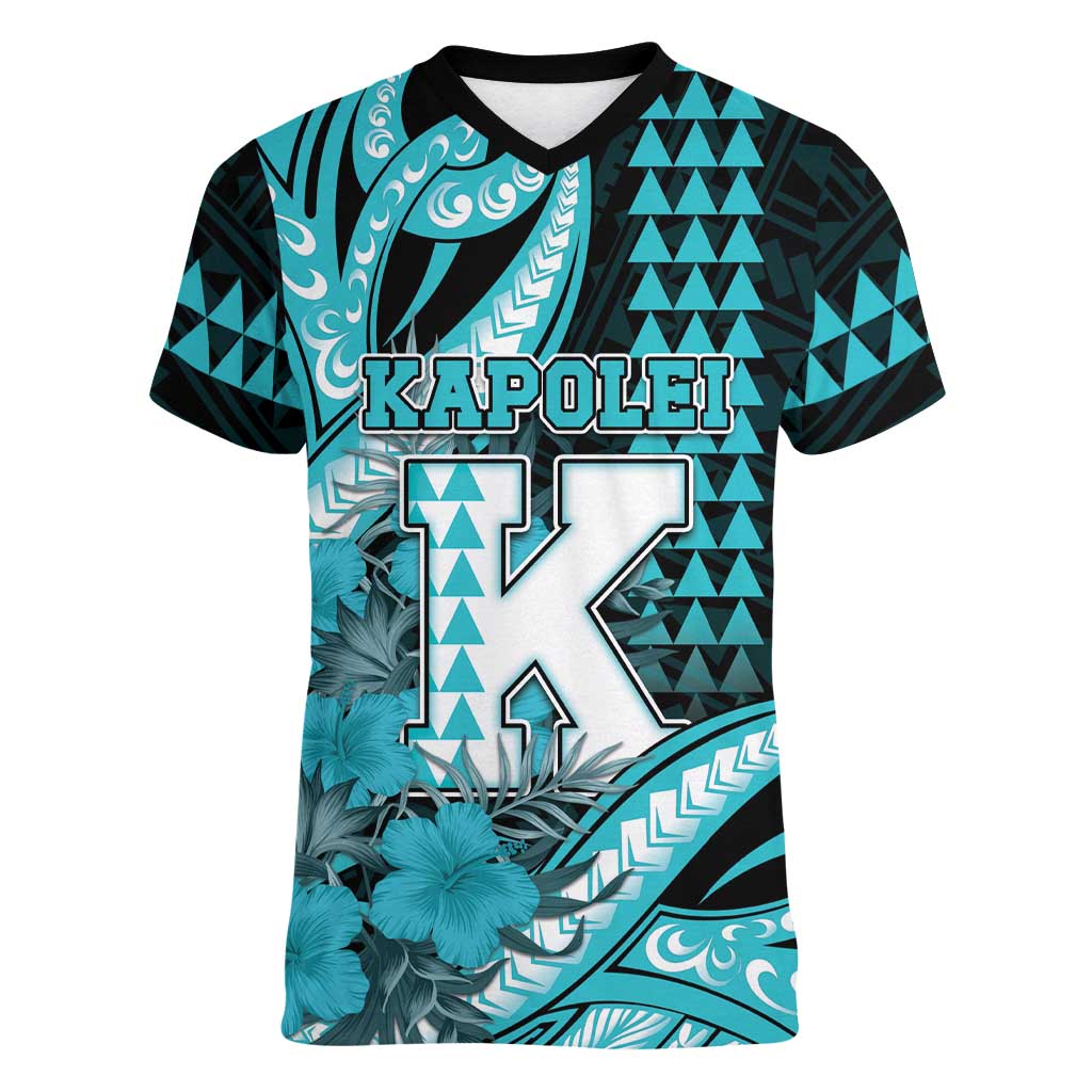 Personalised Hawaii Kapolei High School Women V-Neck T-Shirt Tribal Tattoo With Hibiscus Flowers