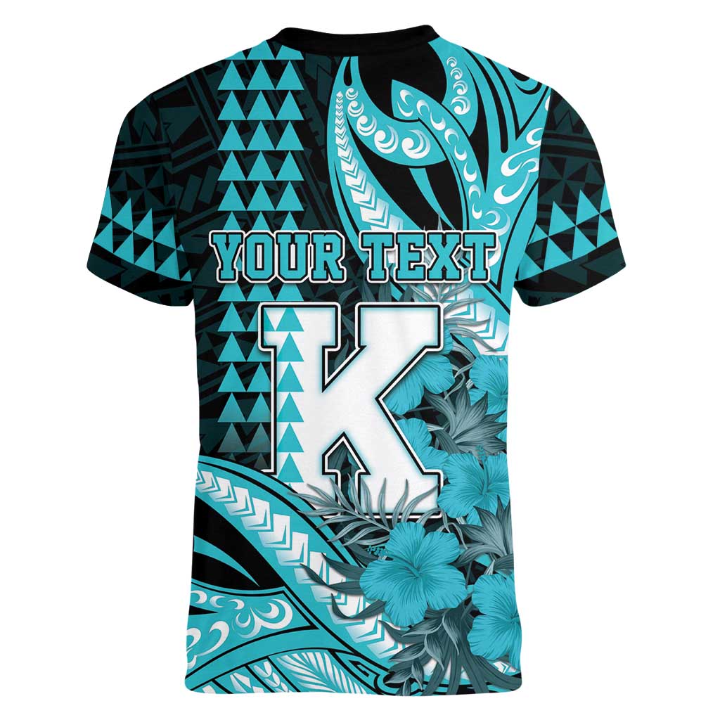 Personalised Hawaii Kapolei High School Women V-Neck T-Shirt Tribal Tattoo With Hibiscus Flowers