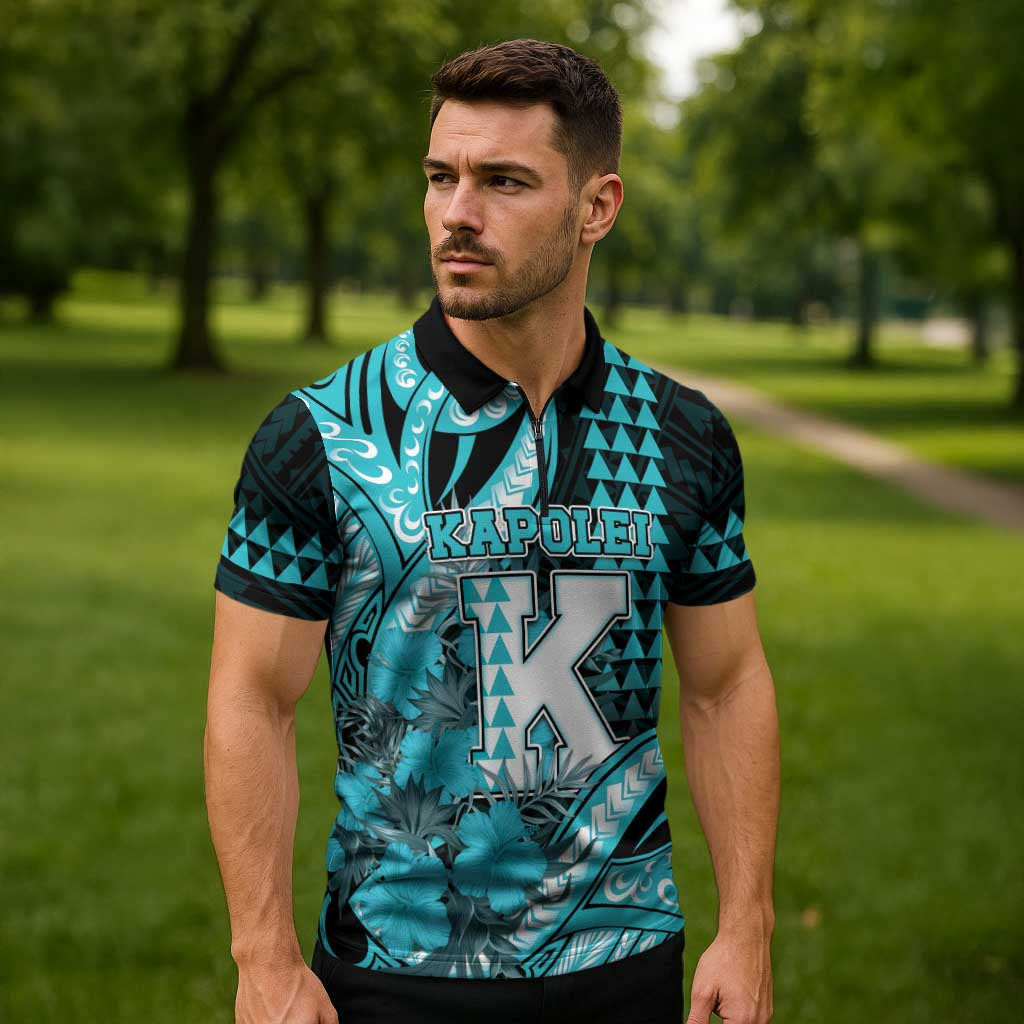 Personalised Hawaii Kapolei High School Zipper Polo Shirt Tribal Tattoo With Hibiscus Flowers LT05 - Polynesian Pride