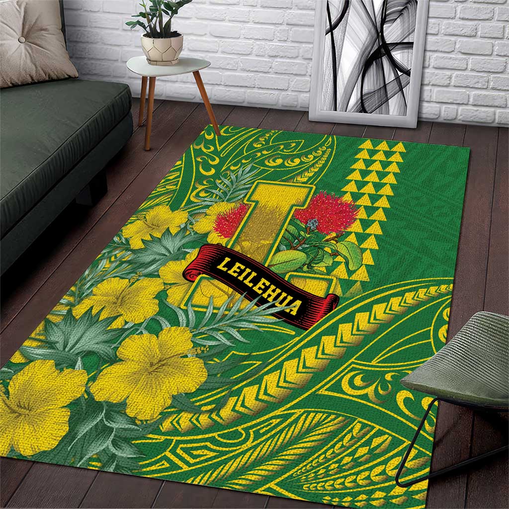 Hawaii Leilehua High School Area Rug Tribal Tattoo With Hibiscus Flowers LT05 Green - Polynesian Pride