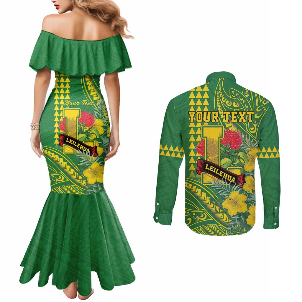 Personalised Hawaii Leilehua High School Couples Matching Mermaid Dress and Long Sleeve Button Shirt Tribal Tattoo With Hibiscus Flowers LT05 - Polynesian Pride