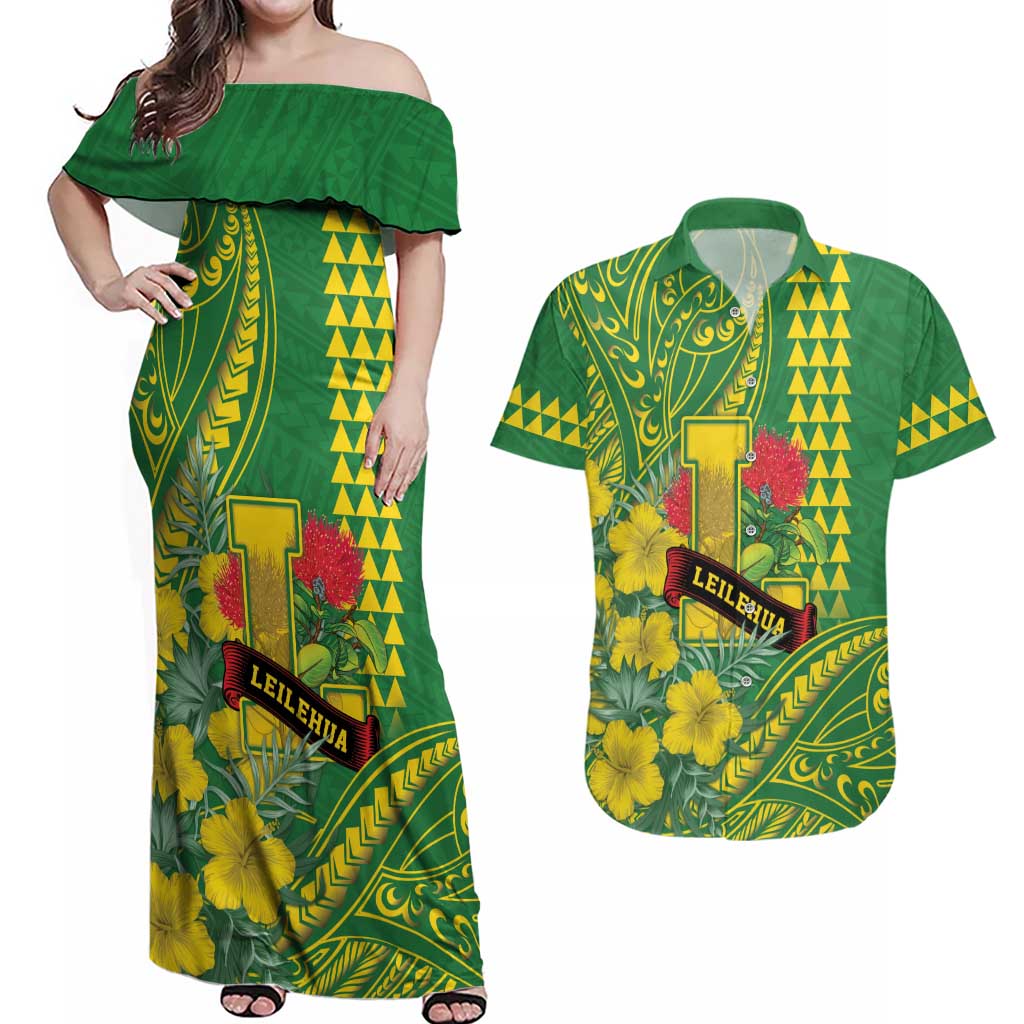 Personalised Hawaii Leilehua High School Couples Matching Off Shoulder Maxi Dress and Hawaiian Shirt Tribal Tattoo With Hibiscus Flowers