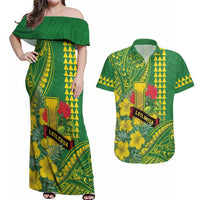 Personalised Hawaii Leilehua High School Couples Matching Off Shoulder Maxi Dress and Hawaiian Shirt Tribal Tattoo With Hibiscus Flowers LT05 Green - Polynesian Pride