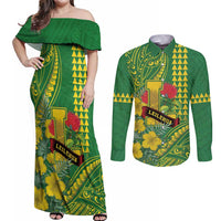 Personalised Hawaii Leilehua High School Couples Matching Off Shoulder Maxi Dress and Long Sleeve Button Shirt Tribal Tattoo With Hibiscus Flowers