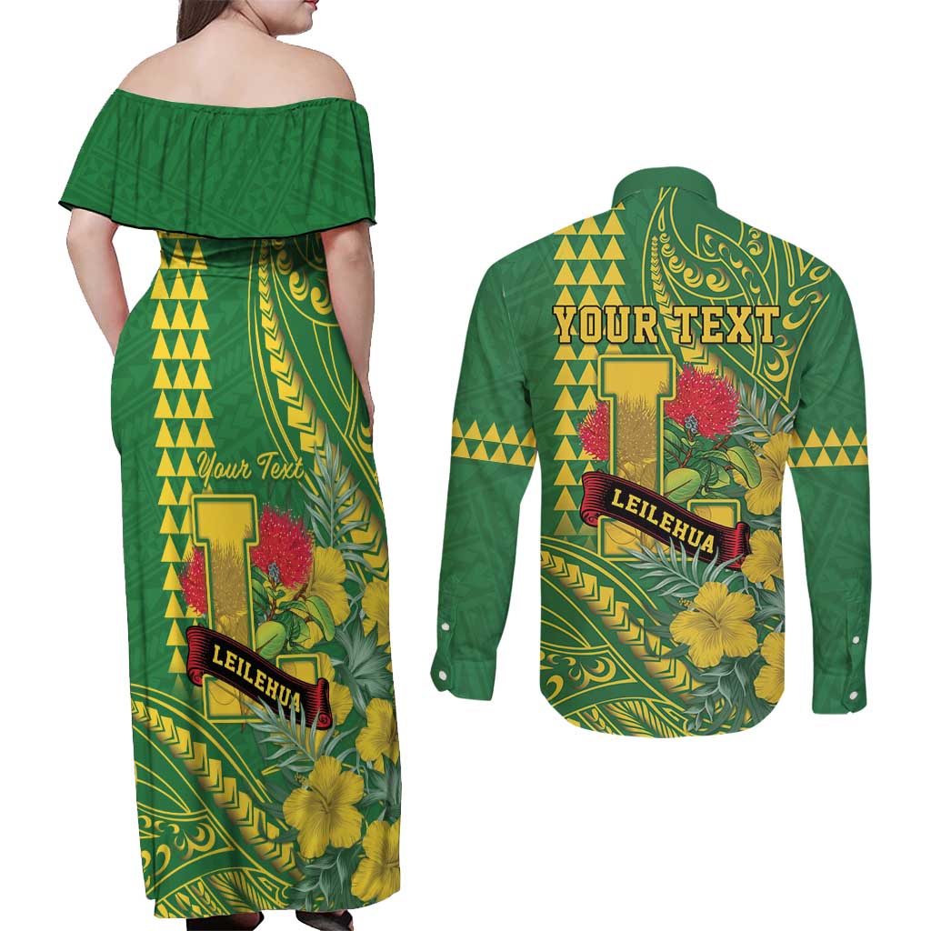 Personalised Hawaii Leilehua High School Couples Matching Off Shoulder Maxi Dress and Long Sleeve Button Shirt Tribal Tattoo With Hibiscus Flowers