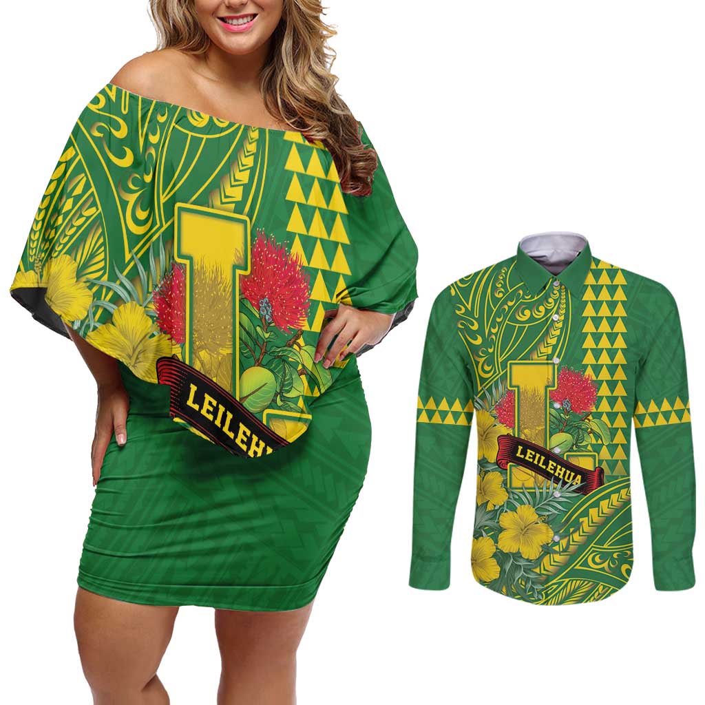 Personalised Hawaii Leilehua High School Couples Matching Off Shoulder Short Dress and Long Sleeve Button Shirt Tribal Tattoo With Hibiscus Flowers