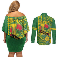 Personalised Hawaii Leilehua High School Couples Matching Off Shoulder Short Dress and Long Sleeve Button Shirt Tribal Tattoo With Hibiscus Flowers