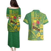 Personalised Hawaii Leilehua High School Couples Matching Puletasi and Hawaiian Shirt Tribal Tattoo With Hibiscus Flowers