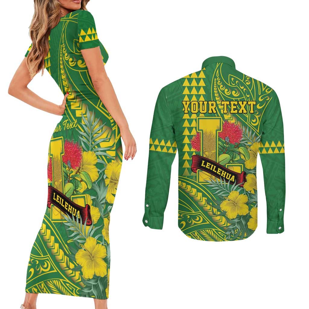 Personalised Hawaii Leilehua High School Couples Matching Short Sleeve Bodycon Dress and Long Sleeve Button Shirt Tribal Tattoo With Hibiscus Flowers LT05 - Polynesian Pride