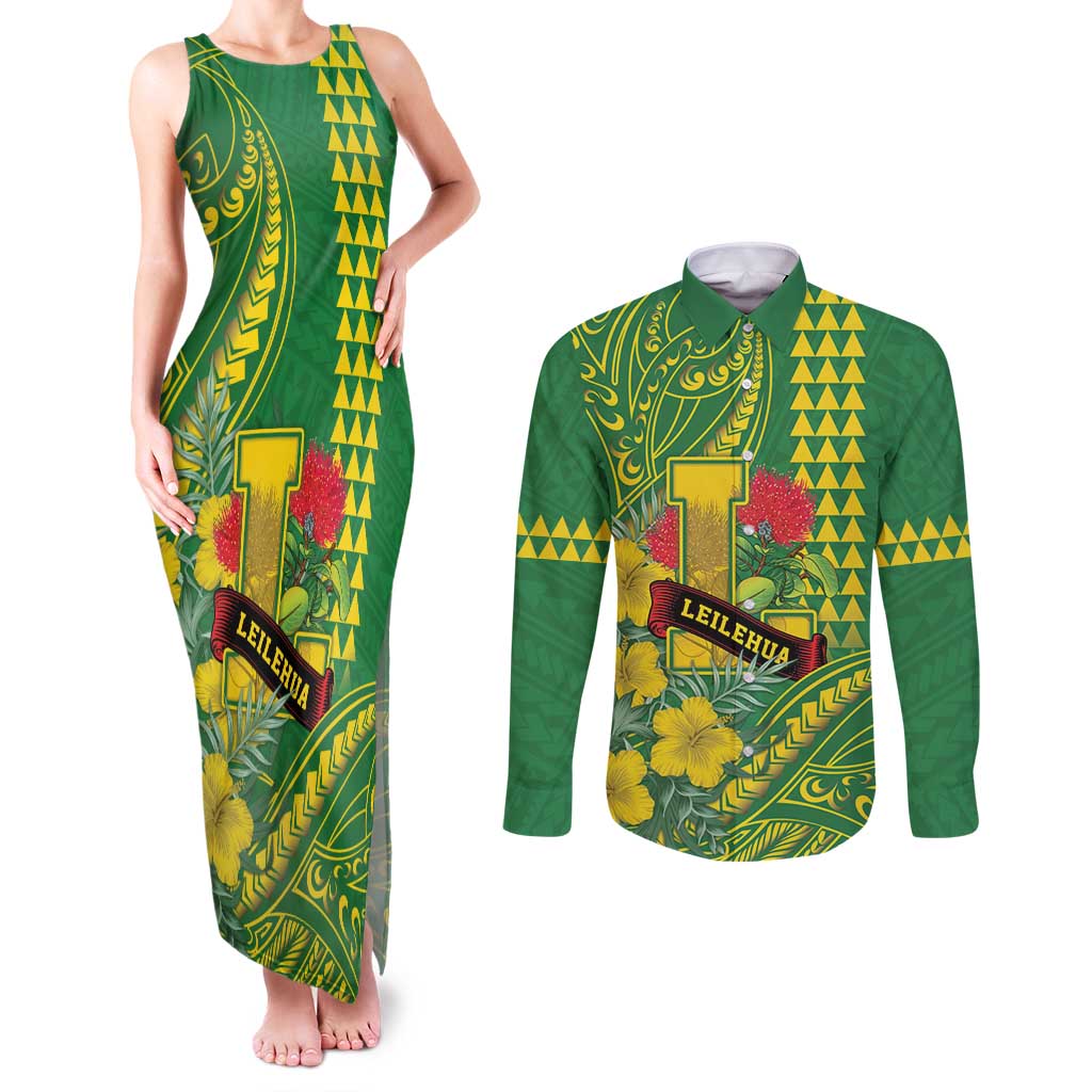 Personalised Hawaii Leilehua High School Couples Matching Tank Maxi Dress and Long Sleeve Button Shirt Tribal Tattoo With Hibiscus Flowers
